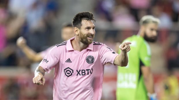 Lionel Messi pictured celebrating after scoring on his Major League Soccer debut in Inter Miami's 2-0 win away at New York Red Bulls in August 2023